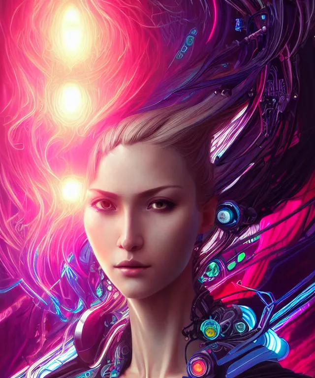 Image similar to beautiful adult woman wearing netrunner clothing, extremely detailed face, cyberpunk, cybernetic, cyborg, vaporwave aesthetic, synthwave, flowing hair, colorful, psychedelic, intricate, elegant, highly detailed, digital painting, artstation, concept art, smooth, sharp focus, illustration, art by artgerm and greg rutkowski and alphonse mucha