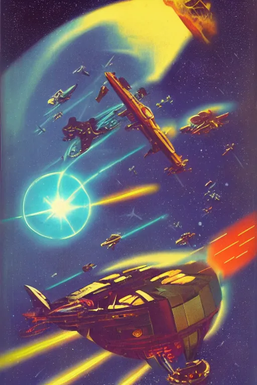 Image similar to vintage sci-fi book cover, depicting a space war, warm azure tones, highlights, laser beams, color bleed, film grain