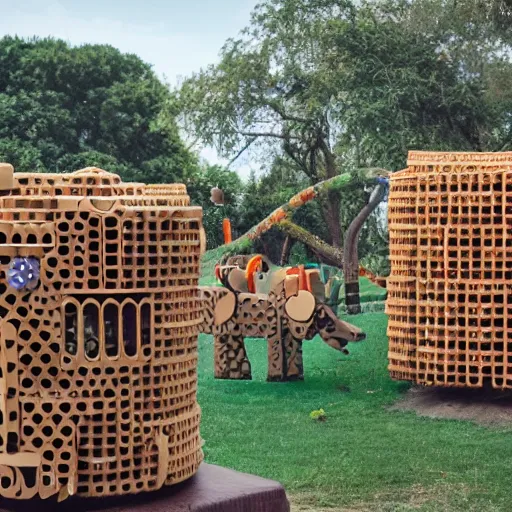 Prompt: zoo made out of cardboard pipes, photorealistic, 4 k, canon 1 d, classroom in background