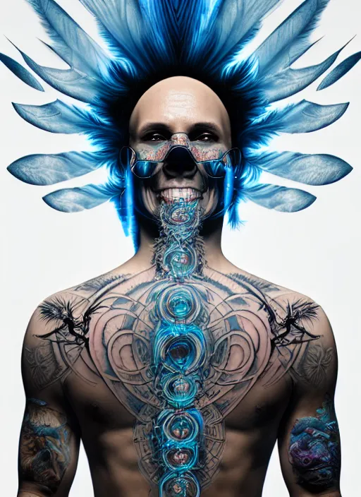 Image similar to 3 d shaman with tattoos profile portrait, sigma 5 0 0 mm f / 5. beautiful intricate highly detailed skull and feathers and hairs and tattoos. bioluminescent, plasma, frost, water, wind, creature, gradient background, thunderstorm! artwork by tooth wu and wlop and beeple and greg rutkowski, 8 k trending on artstation,