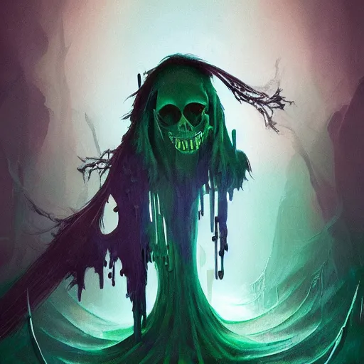 Image similar to a being of green ghostly viscous slime ooze making its way through abandoned midnight streets, skeletal ghosts, wisp lights, rhads,