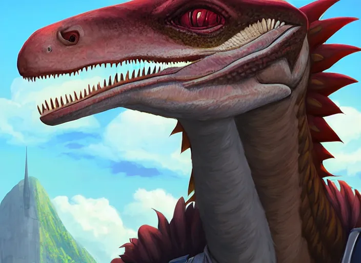 Image similar to character portrait feature of the anthro male anthropomorphic velociraptor dino fursona wearing airline pilot outfit uniform professional pilot character design stylized by charlie bowater, ross tran, artgerm, and makoto shinkai, detailed, soft lighting, rendered in octane, maldives in background