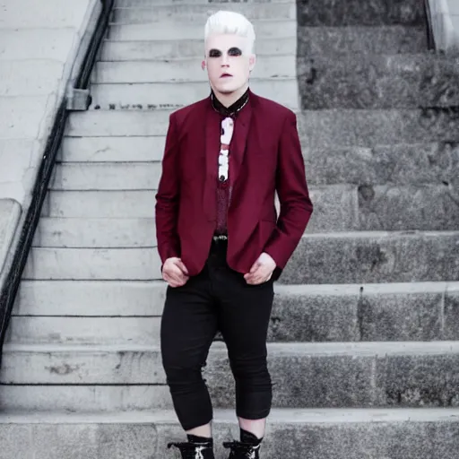 Image similar to Full picture of a white haired vampire wearing Dr. Martens shoes