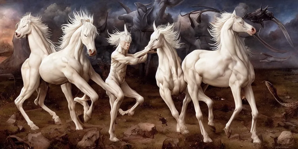 Image similar to albino centaurs wars, hyper realistic,, glossy by gerald brom and hieronymus bosch