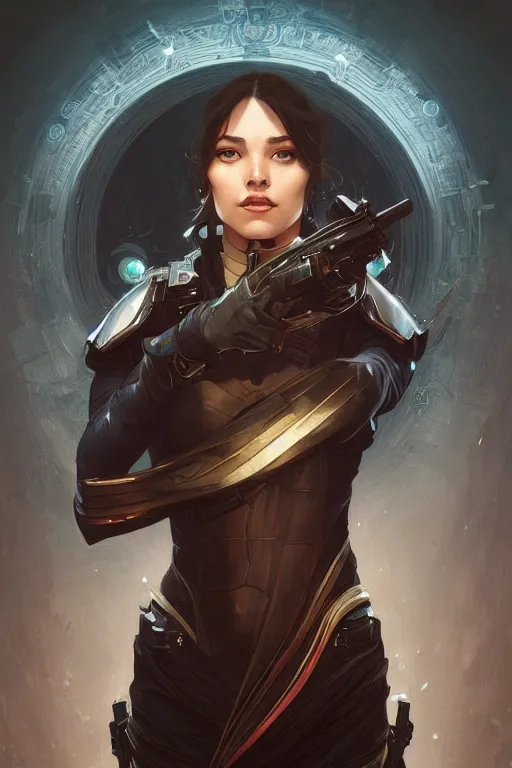 Image similar to a female bounty hunter, arcane, intricate, elegant, highly detailed, digital painting, artstation, concept art, smooth, sharp focus, illustration, art by artgerm and greg rutkowski and alphonse mucha and william - adolphe bouguereau