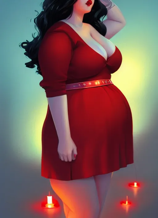 Image similar to full body portrait of teenage veronica lodge, obese, bangs, sultry, realistic, sultry smirk, wavy hair, red skirt, fat, belly, intricate, elegant, glowing lights, highly detailed, digital painting, artstation, concept art, smooth, sharp focus, illustration, art by wlop, mars ravelo and greg rutkowski