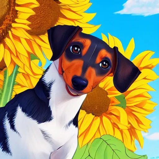 Image similar to portrait of a cute dachshund, in a field of sunflowers, rich vivid colors, ambient lighting, dynamic lighting, 4k, official media, anime key visual, makoto shinkai, ilya kuvshinov, lois van baarle, rossdraws, detailed, trending on artstation