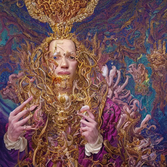 Image similar to beautiful oil painting, full length portrait of dauphinois in baroque coronation robes 1701, Dan Mumford, Dan Mumford, Alex grey, highly detailed , lsd visuals, dmt fractal patterns, hallucinogen, visionary art, psychedelic art, ornate, vaporwave, baroque, Greg rutkowski