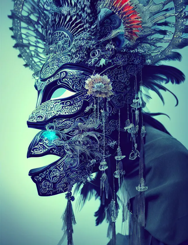 Image similar to 3 d shaman in venetian mask close - up profile portrait. beautiful intricately detailed japanese crow kitsune mask and clasical japanese kimono. betta fish, jellyfish phoenix, bio luminescent, plasma, ice, water, wind, creature, artwork by tooth wu and wlop and beeple and greg rutkowski