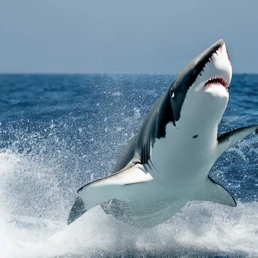 Prompt: action photo of shark jumping from surface of the sea into the ship, from nature journal, 1 / 1 0 0 0 sec shutter, action photo