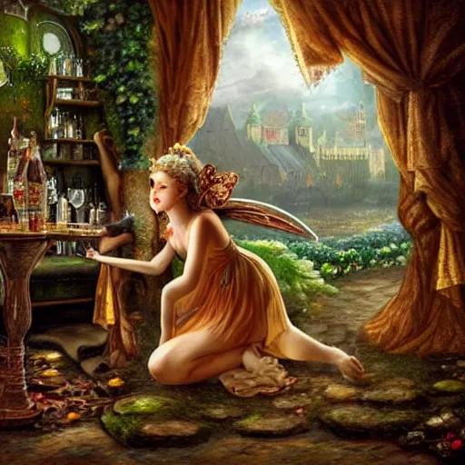 Prompt: A cute fairy visiting a British pub, on canvas, hyperdetailed, high quality, 4k, full view