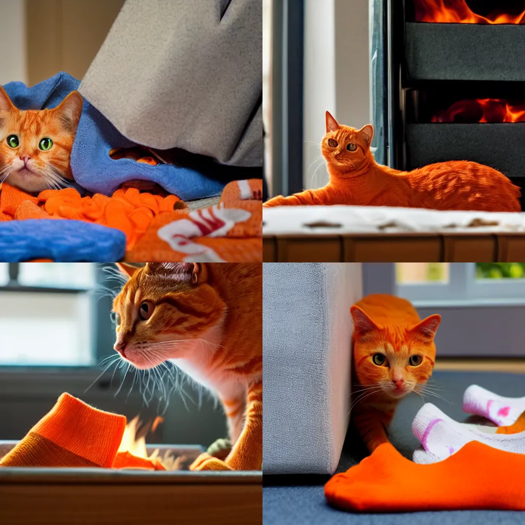 Prompt: An orange cat staring at a drawer filled with socks on fire, high-resolution photo
