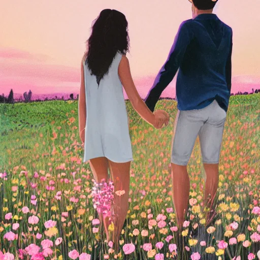 Prompt: a young couple holding hands in a field of flowers at sunset, cartoon