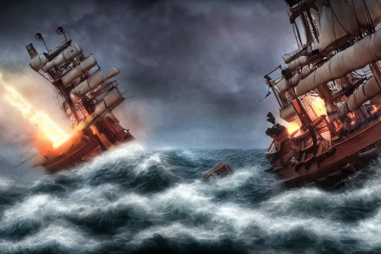 Image similar to epic pirate ship cannon battle in a storm, in the style of vernon grant and chris van allsburg, raging stormy sea, trending on artstation, bright tilt - shift camcorder effect, photoshop, retrowave, hyperrealism, octane, sharp focus, masterpiece