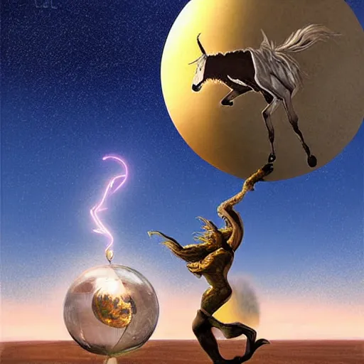 Prompt: Magical glowing sphere in midair, with a unicorn inside it. A white celestial unicorn is trapped inside the sphere. A burnt landscape is in the background. The sphere is held up by sinister rusting steel pincers that reach from the ground, and has a unicorn inside it. Digital art, by Gerald Brom