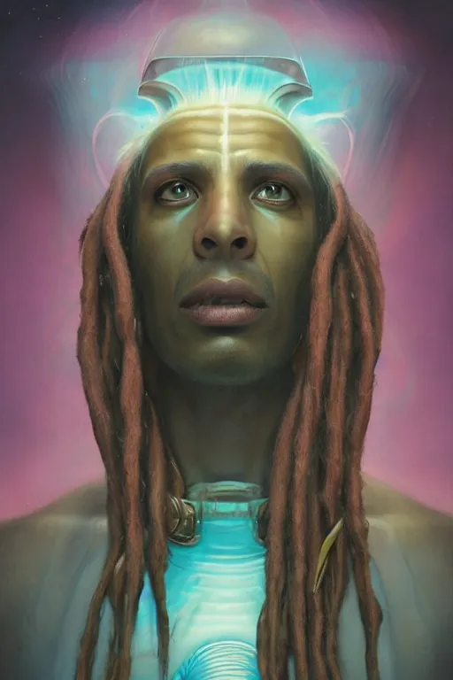 Image similar to portrait of an alien king with dreads snake hair, straight on portrait, by artgerm, tom bagshaw, gerald brom, vaporwave colors, lo fi colors, vaporwave, lo fi, 2 point studio lighting, dramatic lighting, 4 k, hd,