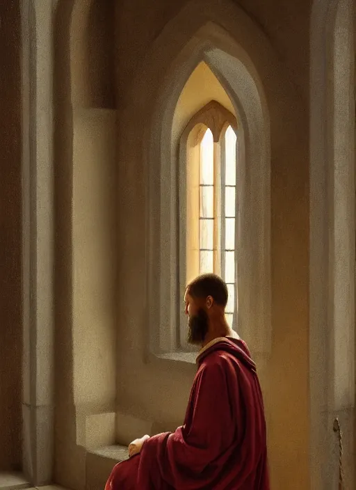 Image similar to oil painting of a medieval dominican monk in robes, looking out of a monastery window contemplatively, digital art, artstation, cinematic, golden hour, digital art painting by greg rutkowski