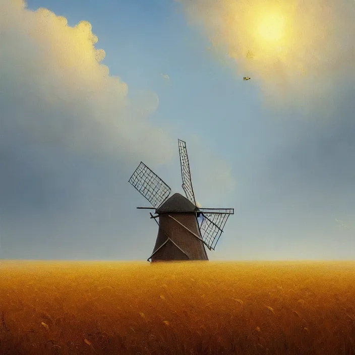 Image similar to a beautiful painting of a windmill in a golden wheat field by ivan aivazovsky and greg rutkowski and rhads, in style of digital art. hyper detailed, sharp focus, soft light. octane render. ray tracing. trending on artstation