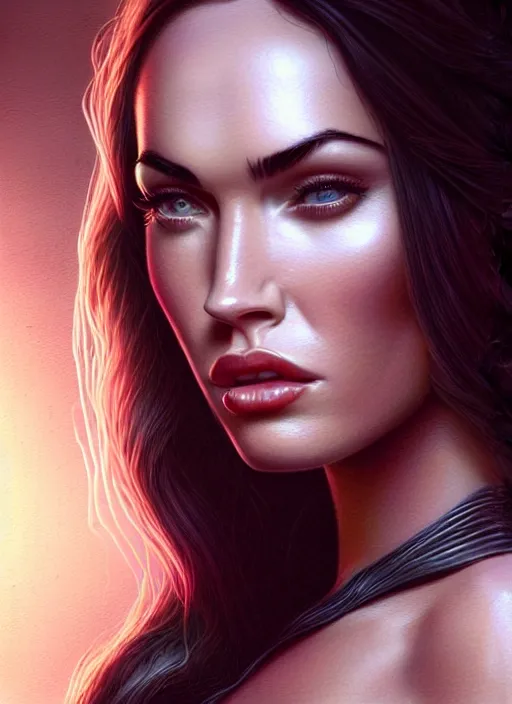 Image similar to portrait of megan fox as a host from westworld, intricate, elegant, glowing lights, highly detailed, digital painting, artstation, glamor pose, concept art, smooth, sharp focus, illustration, art by artgerm and greg rutkowski, artey freytag