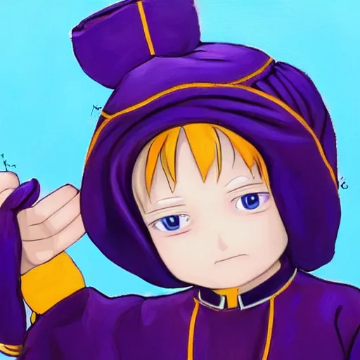 Image similar to little boy wearing nun outfit, blonde hair, blue eyes. purple and black color palate, detailed soft painting, made in abyss art style, inspired in hirohiko araki, anatomically correct