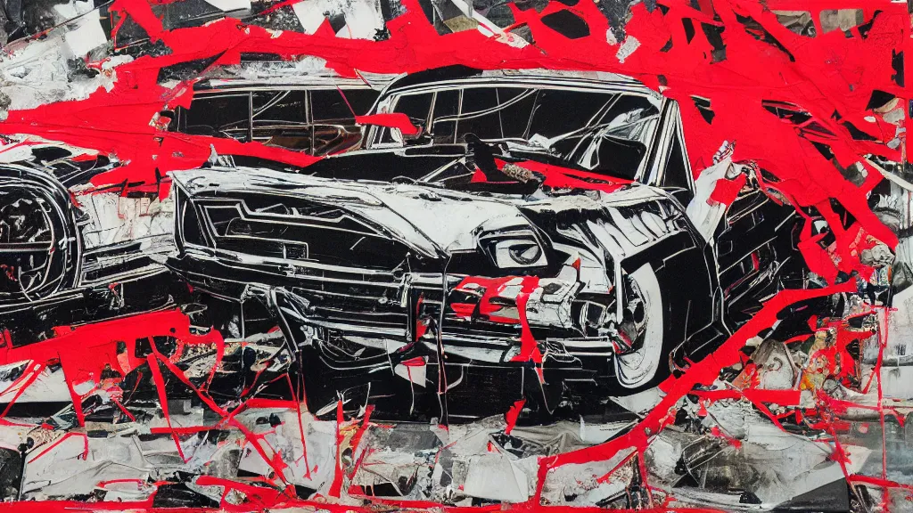 Image similar to lowrider crash test, collage paper and tape, black and red oil, acrylic on canvas, hyperrealism mixed with expressionism, high resolution, cinematic, unreal 6 breathtaking detailed, by blake neubert, by matt sesow