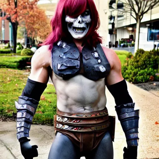 Image similar to cosplayer wearing cosplay based on a combination of he man and skelletor. photography, photo real. photoshoot. full body. action pose. hyper realistic.