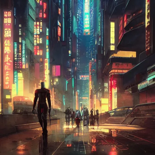 Image similar to cyberpunk robot in future japan at night, concept art, fine details, studio ghibli, cinematic lighting, ghost-in-the-shell, cyberpunk,sci-fi, fantasy, intricate, elegant, highly detailed, digital painting, trending on artstation, concept art, smooth, sharp focus, illustration, by james gurney and greg rutkowski