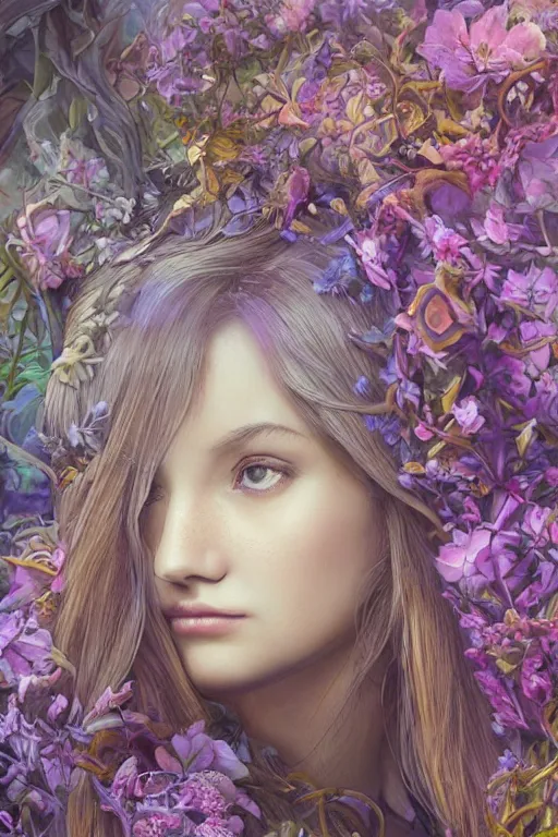 Prompt: elaborately detailed close up portrait of an extremely beautiful girl surrounded by flowers, an eerie mist and ethereal rainbow bubbles, Aetherpunk, high fantasy matte painting, fantasy matte painting movie poster, Art Nouveau, smooth, sharp focus, atmospheric lighting, highly detailed illustration highlights, backlight, golden ratio, 8K detail post-processing, symmetrical facial features, rich deep moody colors, majestic, dark epic fantasy, award winning picture, sense of awe, featured on DeviantArt, trending on cgsociety