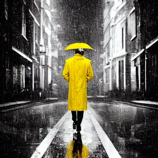 Prompt: A dramatic portrait painting of a man wearing yellow rain coat , holding red umbrella , walking in a black and white street . Cinematic lighting