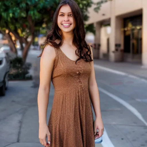 Prompt: photo of a beautiful, attractive brown hair woman, wearing a sundress, in downtown Los Angeles