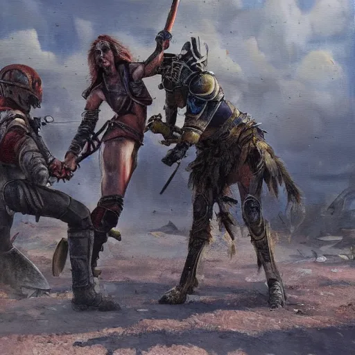 Prompt: Oil painting of an apocalyptic gladiator duel, sci-fi, wasteland