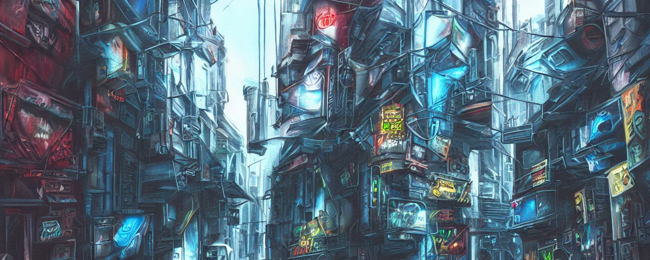 Image similar to airbrushed painting of a cyberpunk alleyway