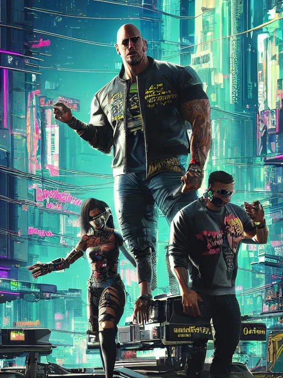 Prompt: a cyberpunk 2077 illustration of Dwayne Johnson and Keanu Reeves,complex mess of cables and wires behind them connected to giant computer,love,film lighting,by laurie greasley,Greg Hildebrandt,Donato Giancola,William Morris,Dan Mumford,trending on atrstation,full of color,face enhance,highly detailed,8K, octane,golden ratio,cinematic lighting