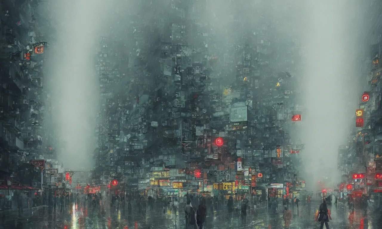 Prompt: beautiful illustration of a hong kong street in the rain and fog, trending on pixiv, artstation