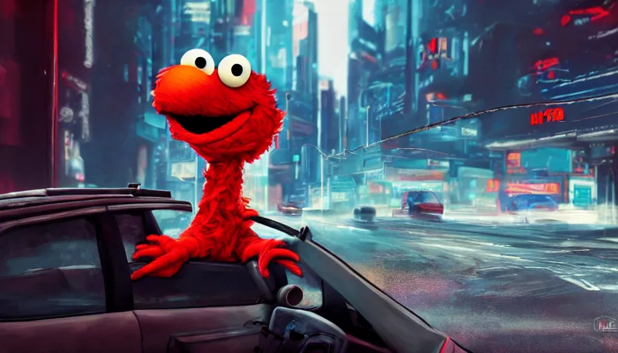 Prompt: elmo!! holding a machine gun leans out of the window of a driving car in cyberpunk, digital art, rendering, hyperrealistic, photorealism