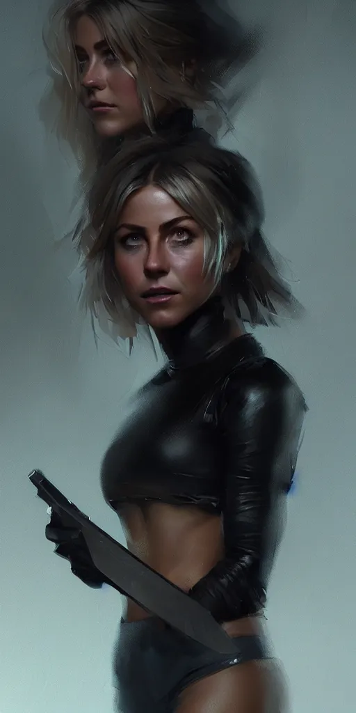 Image similar to portrait of julianne hough by greg rutkowski and wlop, a secret agent, wearing black shorts, wearing black boots, wearing a cropped top, blade runner, highly detailed portrait, digital painting, artstation, concept art, smooth, sharp focus ilustration, artstation, hq