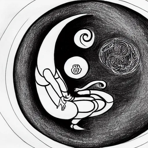 Image similar to a drawing of a pregnant robot giving birth to emerging yin - yang daoist symbol emerging from womb, black and white detailed pencil drawing dao