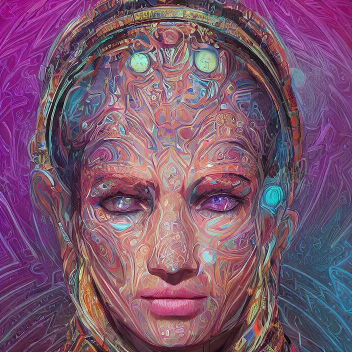 Image similar to portrait of a future metaverse ayahuasca tech shaman warrior, 2 d cartoon, visionary art, symmetric, magick symbols, holy halo, shipibo patterns, sci - fi, concept art, trending on art station, 8 k digital art, by mandy jurgens, fantasy portrait art, anime