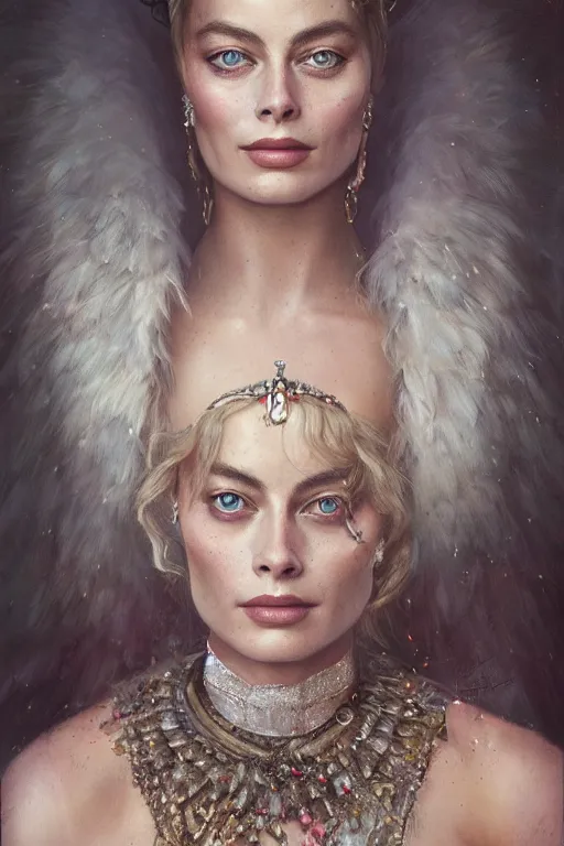 Image similar to A stunning realistic fine art painting of Margot Robbie as a queen by Tom bagshaw, studio portrait, 50mm lens 4k,