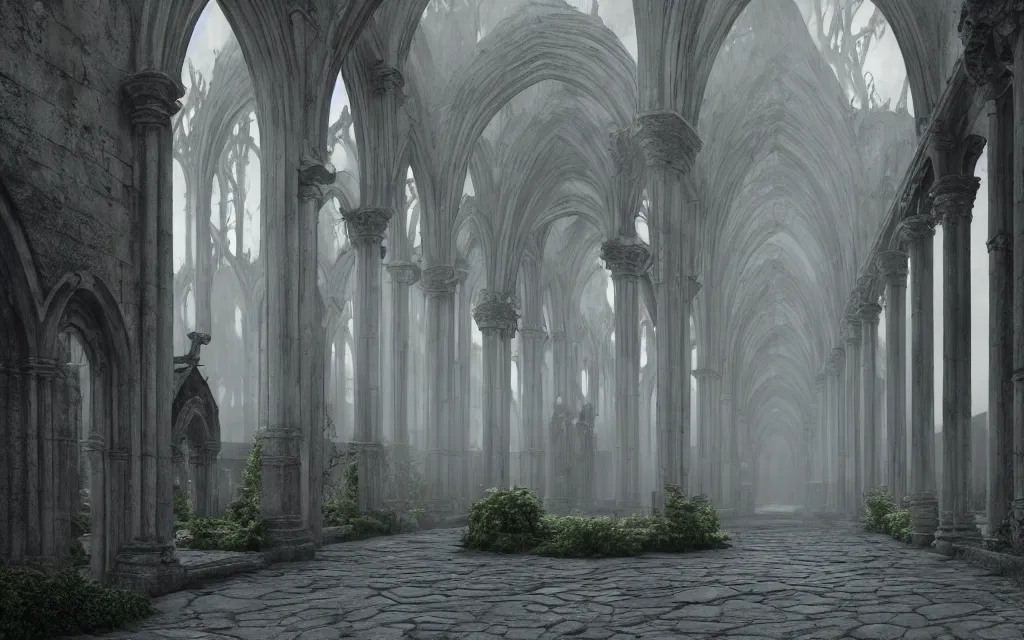 Image similar to cloister of a gothic abbey surrounded by arches, stone columns, bushes, a well, fog, gloomy atmosphere, highly detailed, cinematic lighting, perfect composition, 4 k, gustave dore, derek zabrocki, greg rutkowski, belsinski, octane render