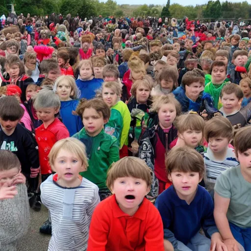 Image similar to the children are looking at a large group of people