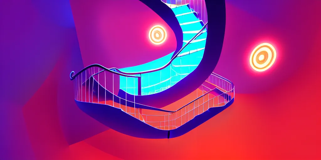 Image similar to spiral lines, minimalistic, extreme wide angle, curved perspective, digital art, subsurface scattering, indoor casino staircase, by anton fadeev, lorax movie, cotton candy smoke, artstation