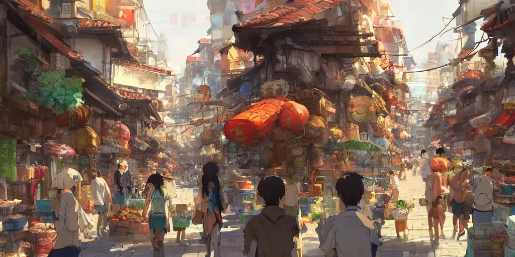 Image similar to Concept art by Makoto Shinkai of a lively, full of life market with merchants spread along an alley full with human activities, Chinese old city, Chinese shophouses, vivid, sunny.