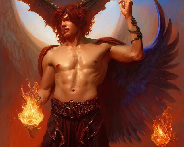 Prompt: attractive male deity, casting demonic magic, summoning handsome lucifer morning star. highly detailed painting by gaston bussiere, craig mullins, j. c. leyendecker 8 k