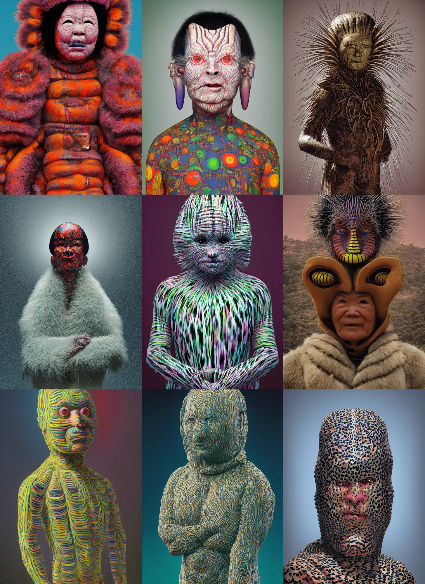 Prompt: a 2030 portrait of a Selk'nam by Peter Andrew Jones and Mark Ryden and Lisa Frank, Al Feldstein, Yayoi Kusama , Award winning photo, Houdini algorithmic generative render, sharp focus, octane render 8k