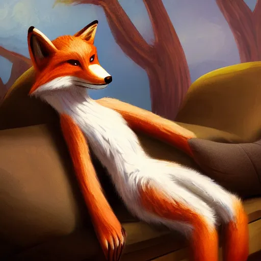 Image similar to an anthropomorphic fox wearing a t-shirt and jeans sitting on a couch, 8k resolution matte fantasy painting, cinematic lighting, DeviantArt, Artstation, furry, anthro, anthropomorphic