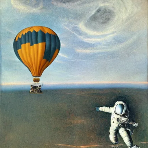 Prompt: astronaut arriving a different planet on a hot air ballon, by francis bacon