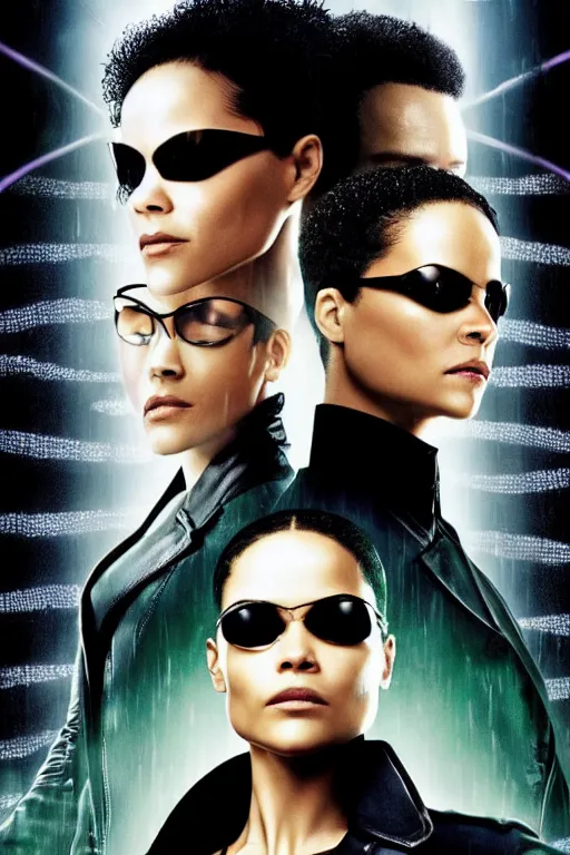 Prompt: a movie poster of the new matrix movie featuring thandie newton and tessa thompson, wearing sun glasses and black leather trench coat, matrix symbols in the background, extremely detailed, extremely symmetrical facial features, unreal engine, by kevin fiege 8 k