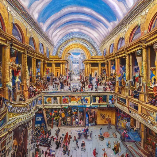 Prompt: a museum filled with incredible amazing giant beautiful murals on the walls and ceilings, unique architecture, multiple levels, tall ceilings, crowded with dozens of visitors, bright sunny day, digital painting, highly detailed, dynamic, 4k photo, realistic, gigapixel