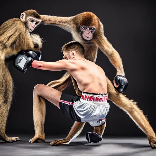 Prompt: xqc boxing a monkey at Maddison square garden, Highly detailed photography, studio lighting, pro photography